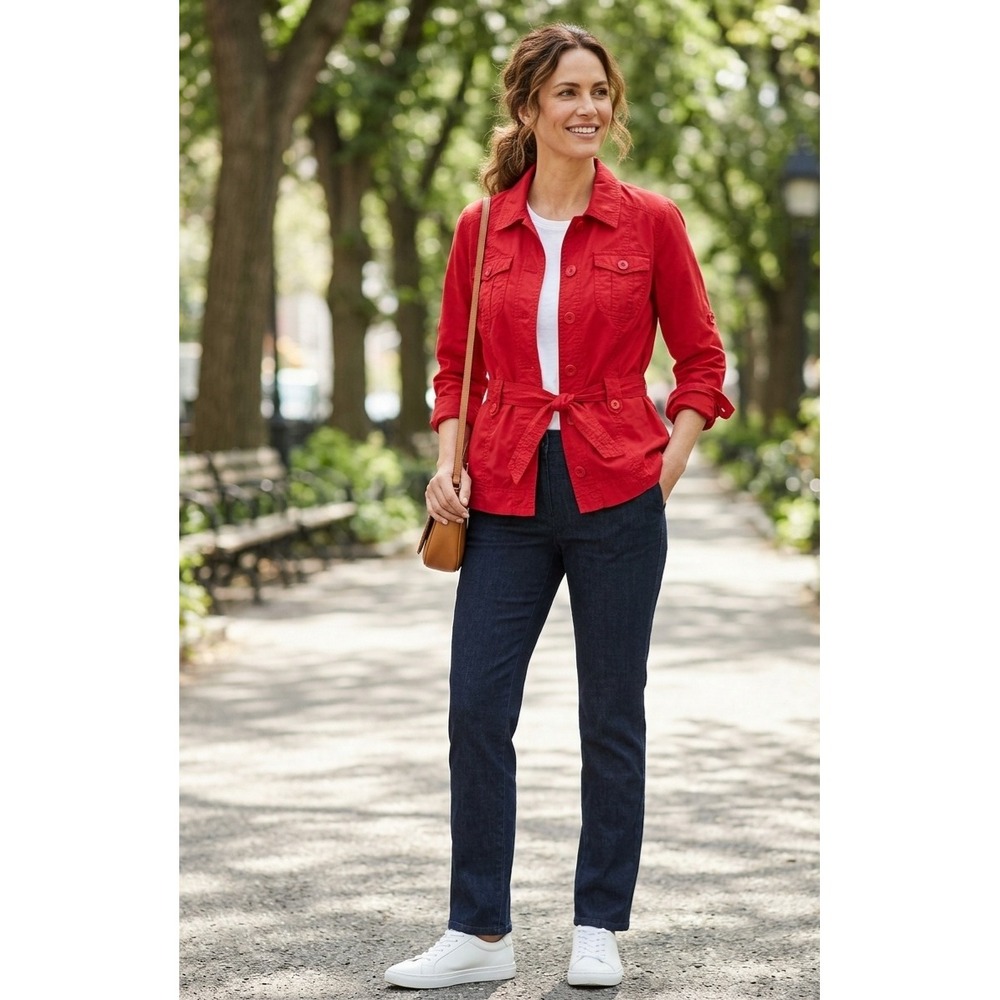 Faded Glory Red Utility Jacket Womens XL 16/18 Stretch Tie Waist Roll Tab Sleeve